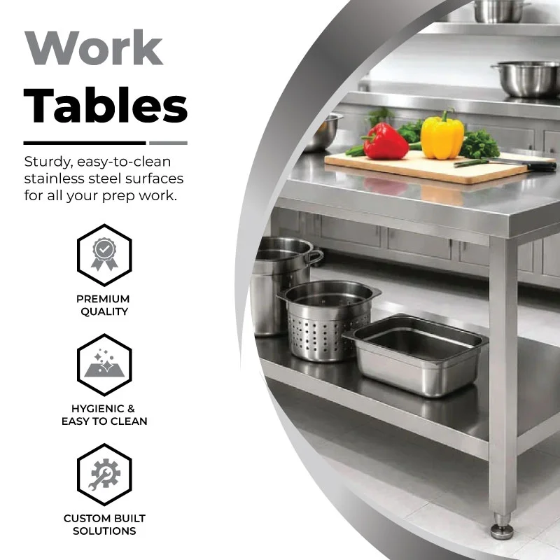 Work tables — sturdy, easy-to-clean stainless steel surfaces for prep work