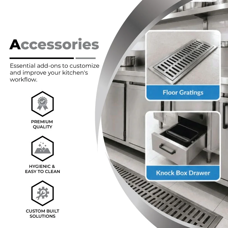 Accessories — floor gratings, knock box drawers and other kitchen add-ons